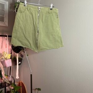 Olive Green Mini Skirt Full Zip Front Utility Style Casual